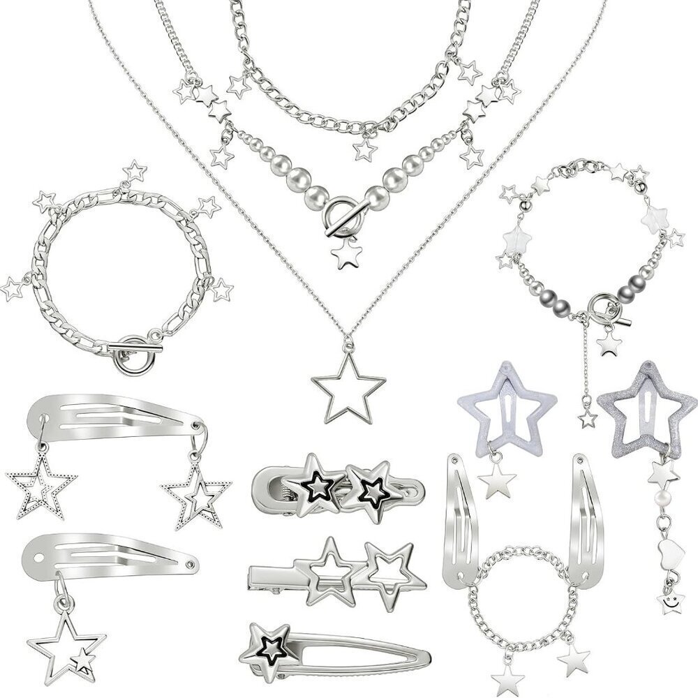 Y2K Accessories Set 13 Pcs Metal Jewelry Star Hair Clips Bracelets for Women